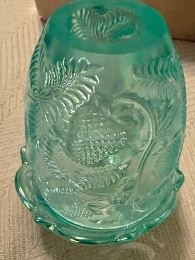 Fenton Teal Green Pressed Glass Votive Holder with Floral Pineapple Motif